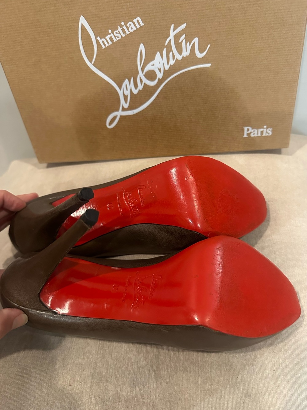 Christian Louboutin Brown Leather Peep-Toe Pump with Red Sole - Picture 8 of 9